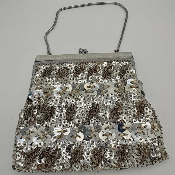 VTG Silver Sequin & Pearl Beaded Evening Bag | Mother of Pearl Frame | Clutch - Picture 1 of 9